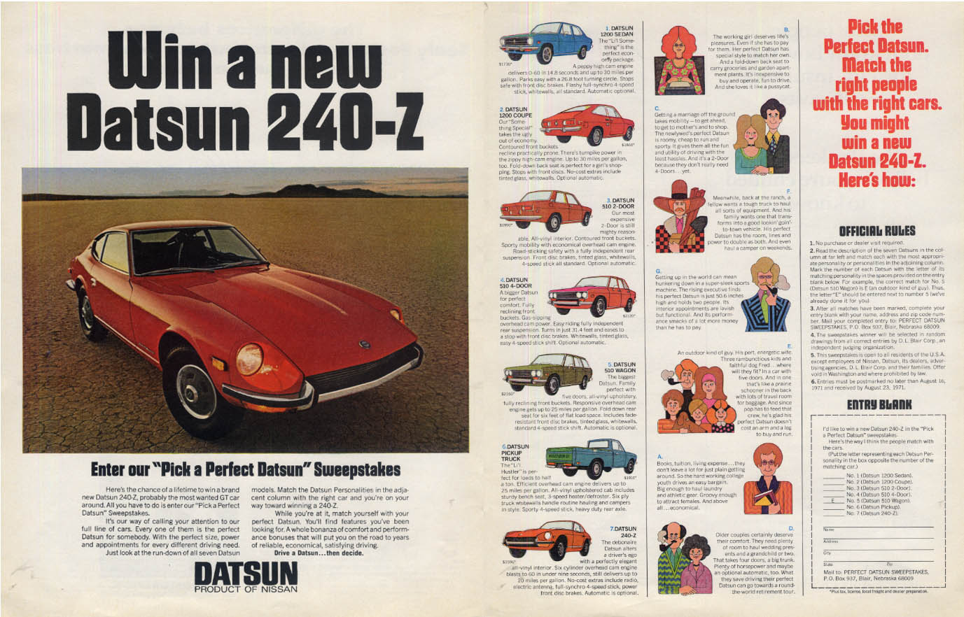 Win a new Datsun 240-Z Sweepstakes ad ad 1971