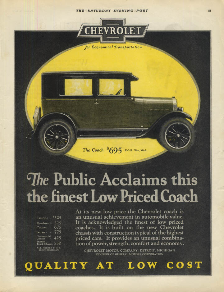 The Public Acclaims this the finest: Chevrolet Coach ad 1925 SEP