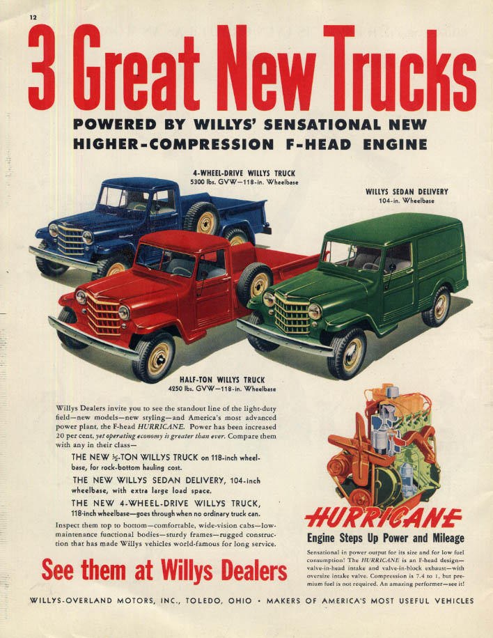 3 Great New Trucks: Willys Jeep 4WD, Half-Ton & Sedan Delivery ad 1950 Col