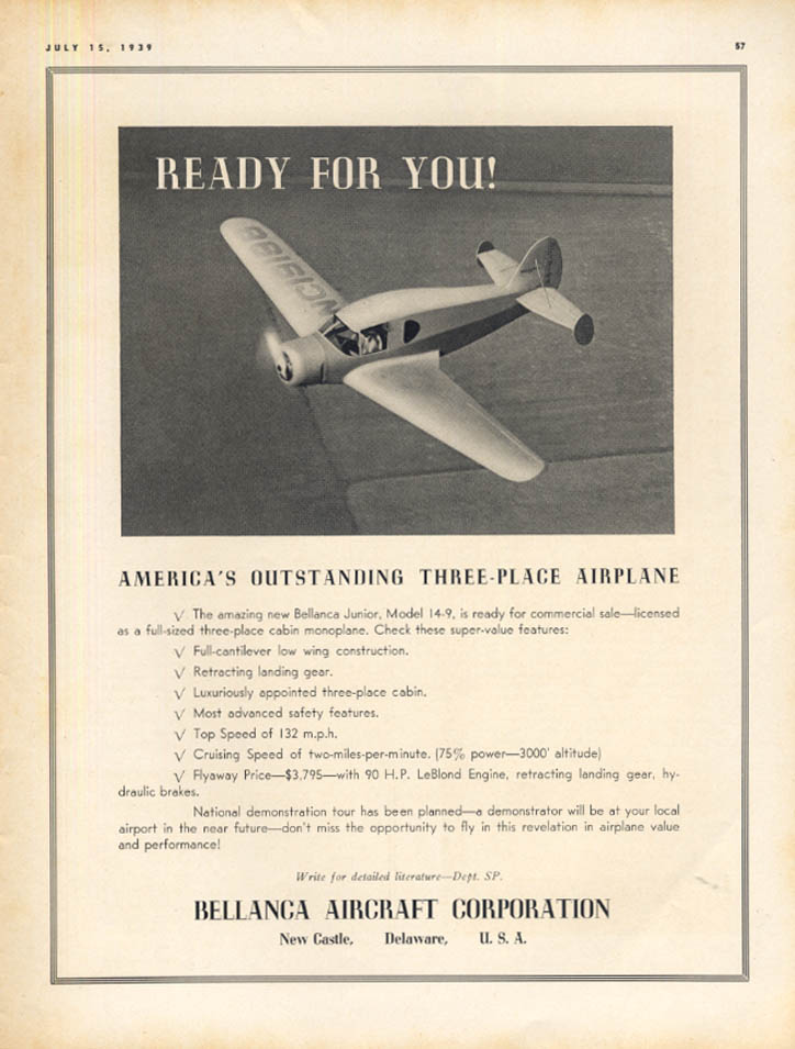 Ready for You America's Outstanding 3-Place Airplane Bellanca Model 14 ...