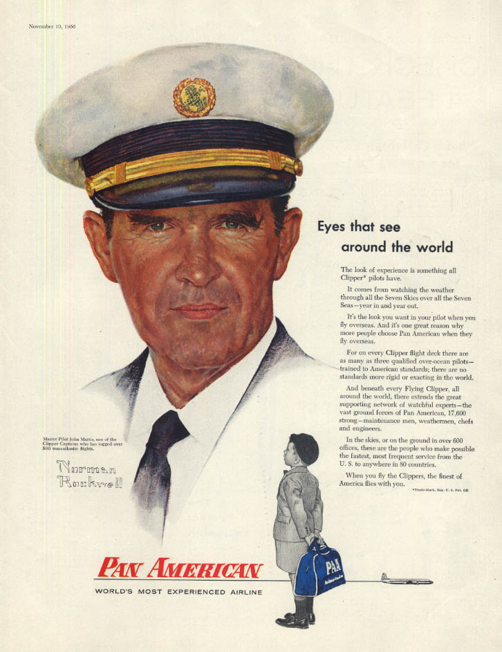 Eyes see around the world Pan American Pilot John Mattis ad 1956 Norman ...