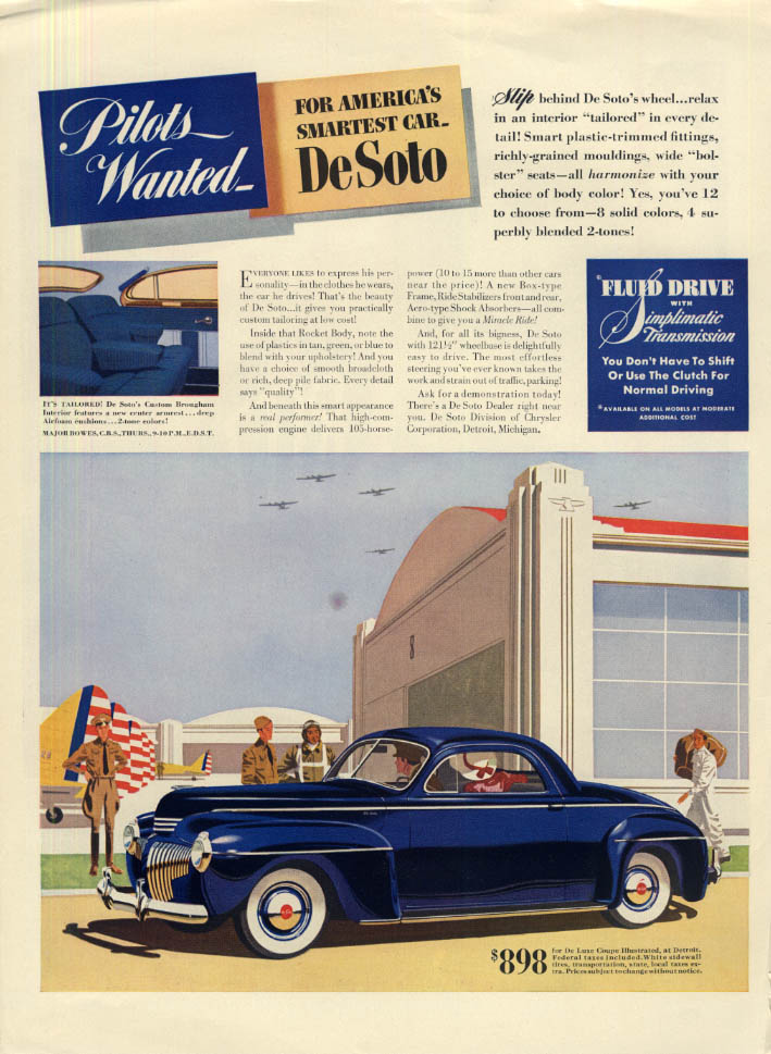 Pilots Wanted: for America's Smartest Car: De Soto Business Coupe ad 1941 L