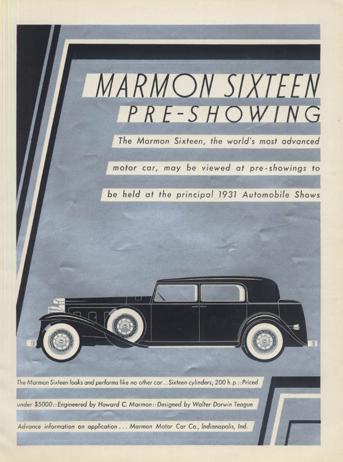 Marmon Sixteen Pre-Showing at the Automobile Shows ad 1931 VF