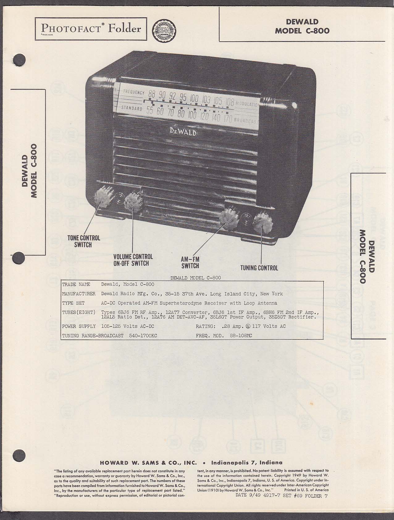 Dewald Radio Model C-800 Photofact Folder 1949
