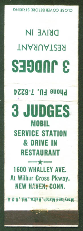 3 Judges Drive-In New Haven CT matchcover 1950s