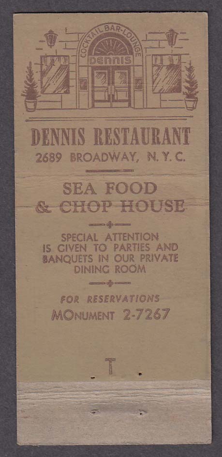 Dennis Restaurant Cocktail Lounge 2689 Broadway New York NY matchcover