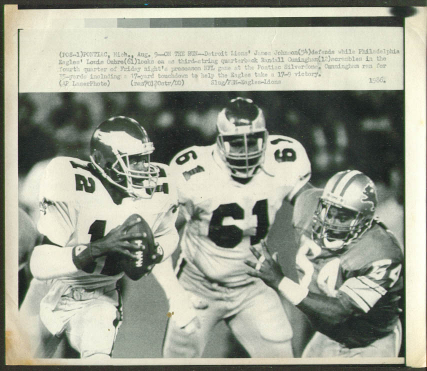 Eagles QB Cunningham V Lions Johnson NFL Photo 1986