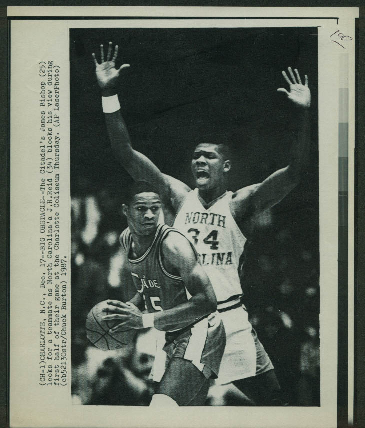 North Carolina's J R Reid guards Citadel's James Bishop laserphoto 1987