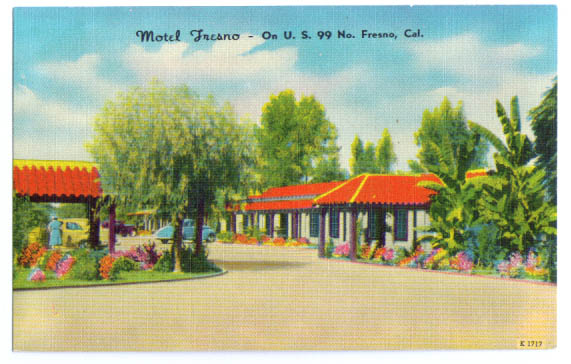 Motel Fresno U S 99 postcard 1940s linen