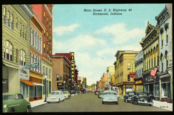 Main Street Highway 40 Richmond IN postcard 1953