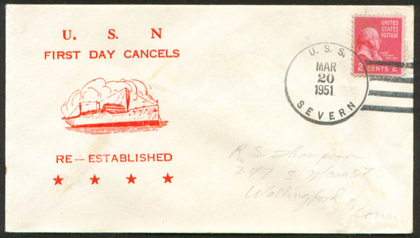 USS Severn AO-61 1st Day Re-Commission cover 1951