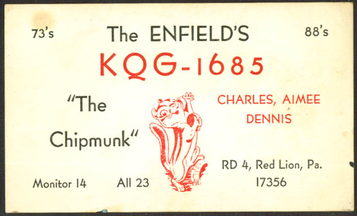 KQG-1685 Enfield Red Lion PA Ham Radio QSL postcard Chipmunk