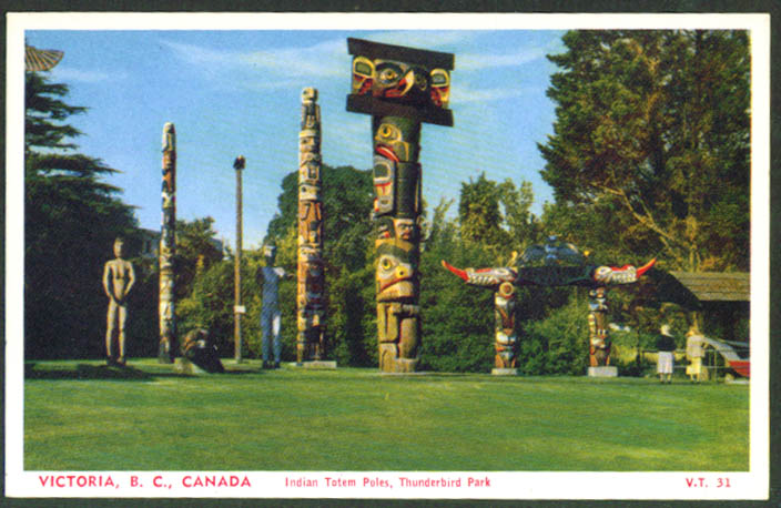 Thunderbird Park Totem Poles Victoria BC postcard 1950s