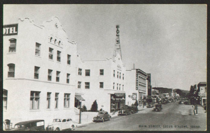 Wilma Theatre Desert Hotel Texaco Main St Coeur d'Alane ID postcard 1940s