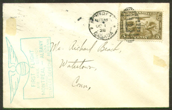 1st Flight Montreal-Albany air mail cover 1928