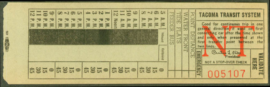 Tacoma Transit System bus transfer 1959 WA NT