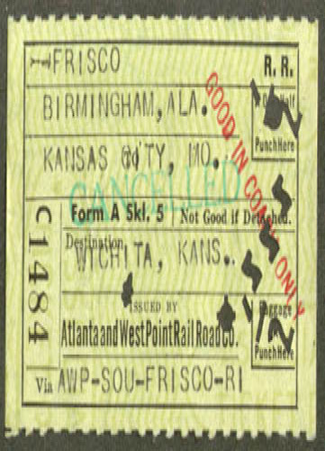 Atlanta & West Point Railroad Birmingham KC ticket 1962  