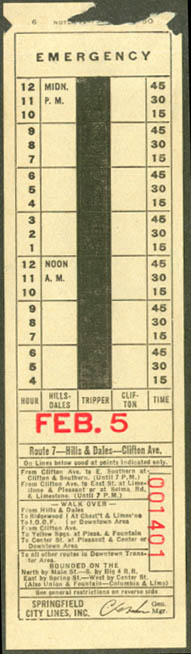 Springfield City Lines OH bus transfer 1950