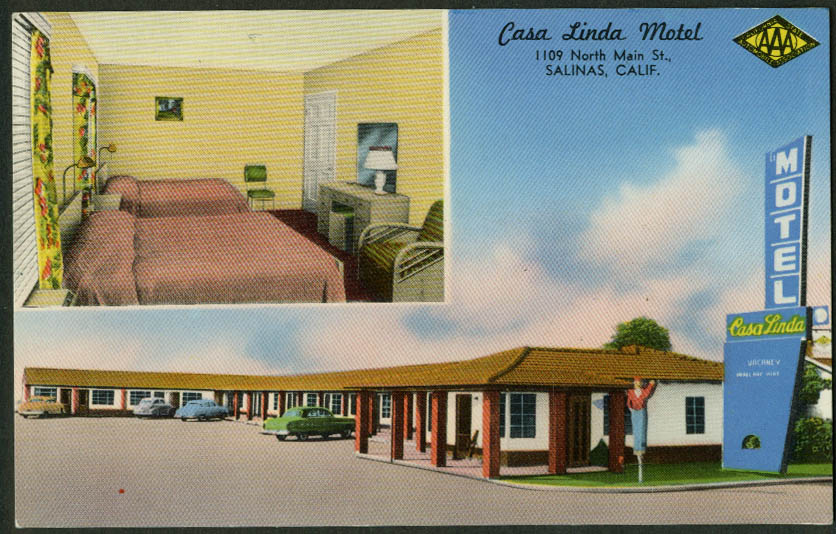 Casa Linda Motel Salinas CA 2-view postcard 1950s