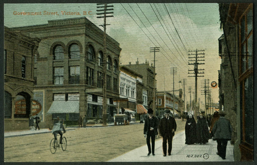 Government Street Victoria BC postcard 1900s Bicyclist pedestrians nuns