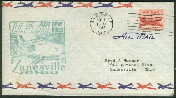 First Air Mail Flight Zanesville OH postal cover 1947