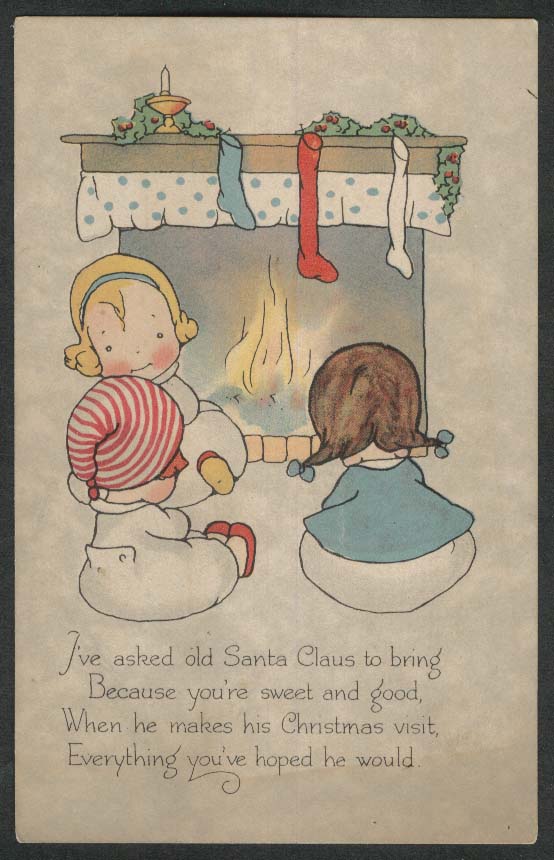 Waiting for Santa Claus stockings fireplace Christmas postcard 1918