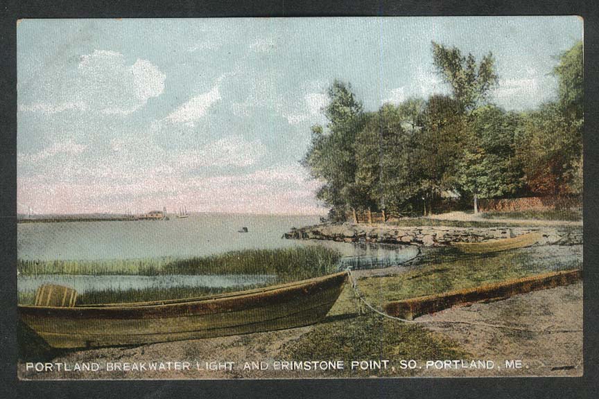 Portland Breakwater Light & Brimstone Point South Portland ME postcard 1909