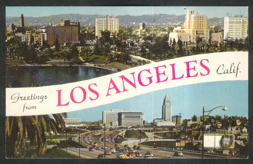 Wilshire Blvd MacArthur Park Civic Center Los Angeles CA postcard 1950s