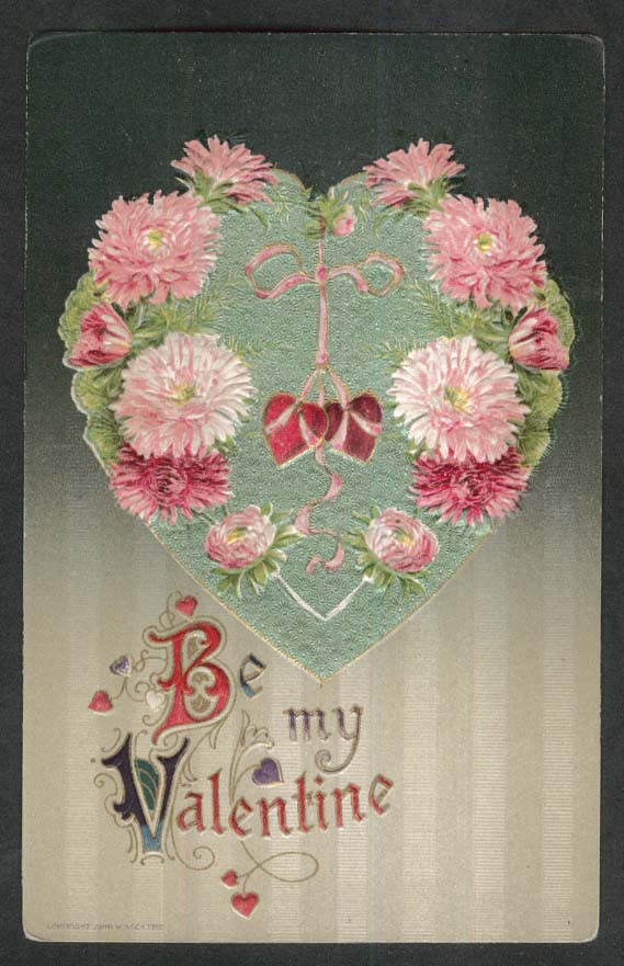 Be My Valentine heart & flowers embossed postcard 1912