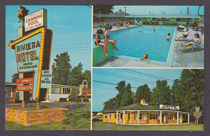 Riviera Motel 6621 Pine Ave Blvd Niagara Falls NY three-view postcard 1950s