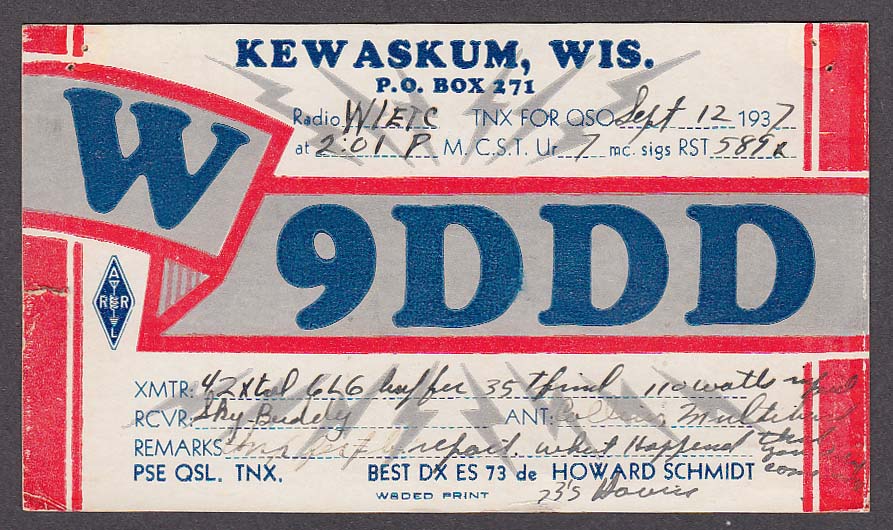 W9DDD Howard Schmidt Kewaskum WI QSL postcard 1937