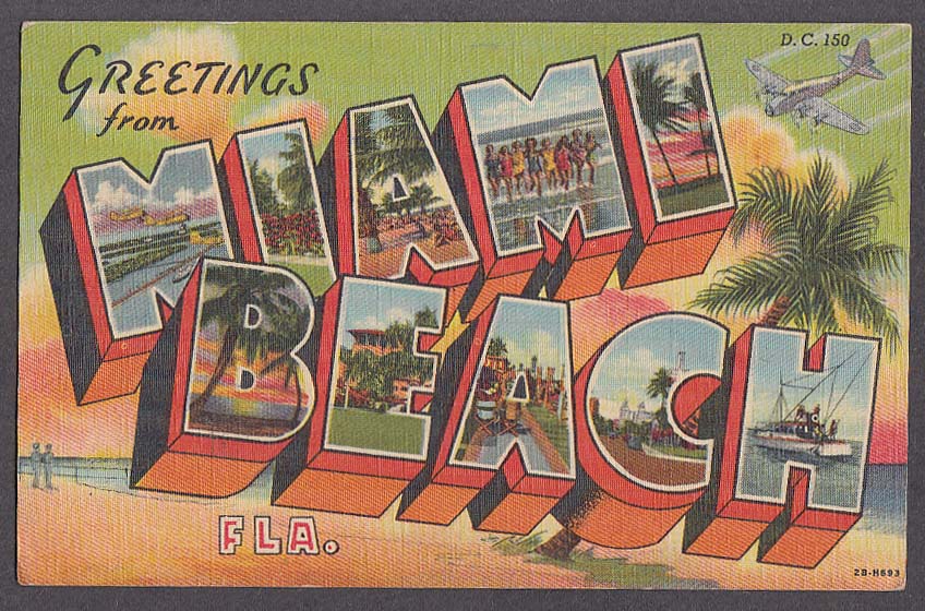 Greetings from MIAMI BEACH FL large letter postcard 1948