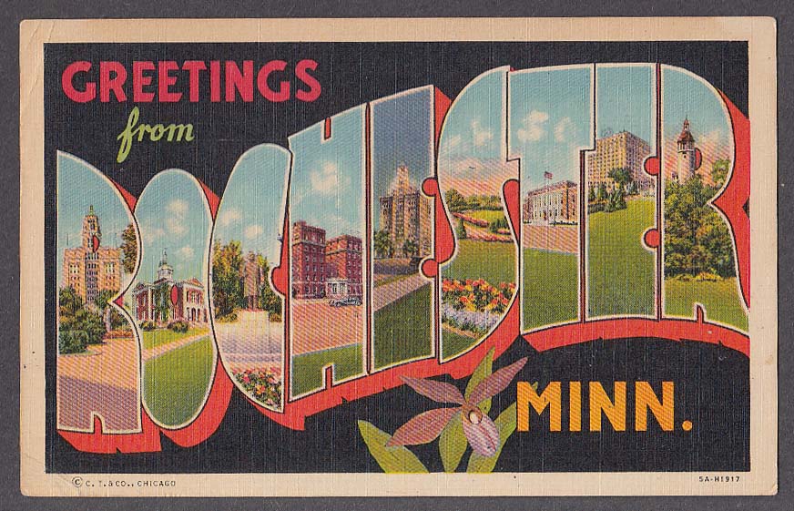 Greetings from ROCHESTER MN large letter postcard 1953 Curt Teich 5A-H1917