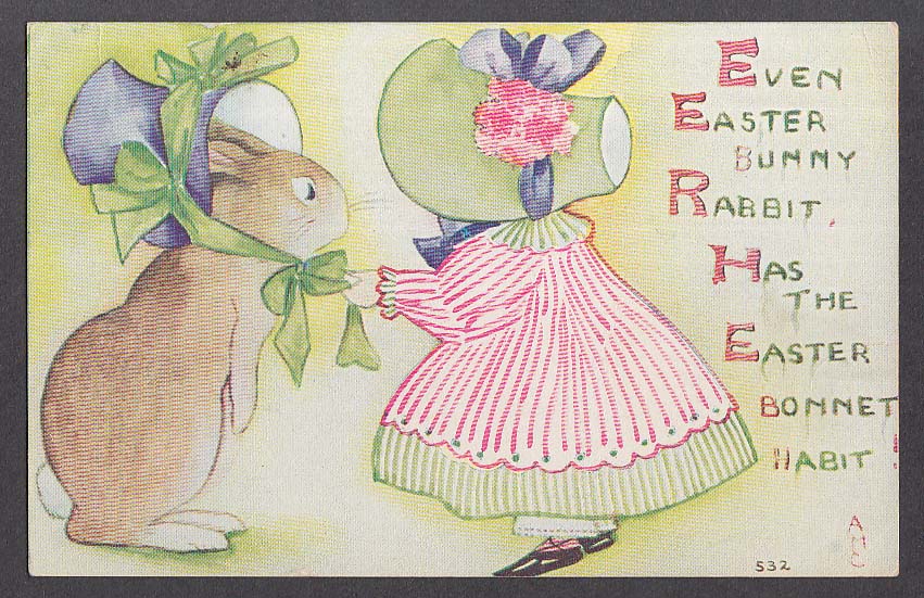 Easter Bunny Rabbit Bonnet Habit postcard 1920s