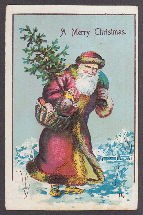 Santa Claus carrying Christmas tree embossed postcard 1905