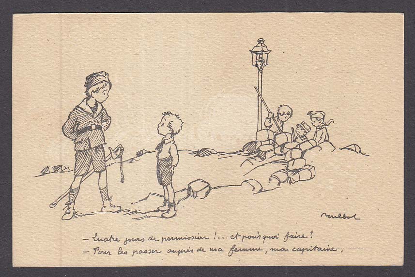 Francisque Poulbot cartoon postcard #20 1910s boy asks for pass to see wife