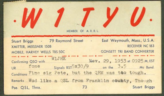 W1TYU East Weymouth MA QSL Ham Radio postcard 1953