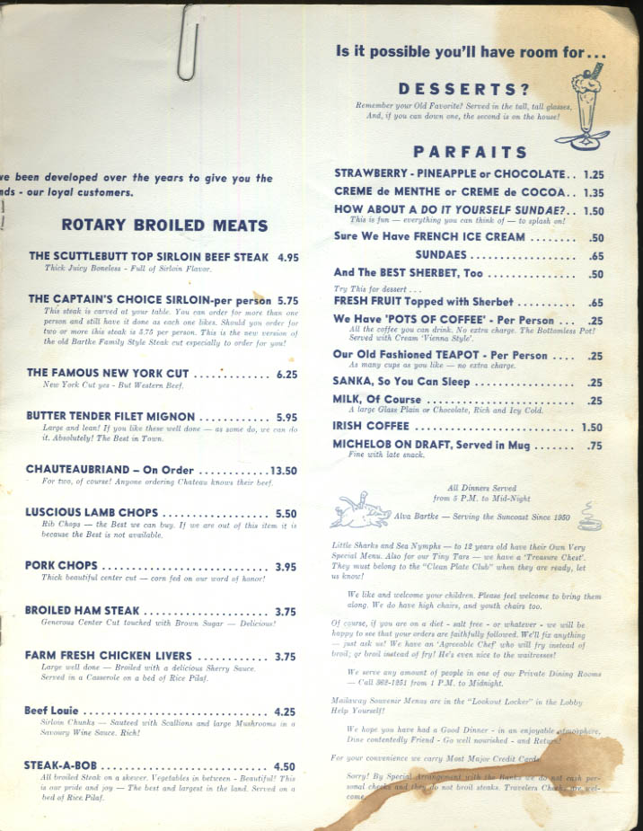 Alva Bartke's Careless Navigator Restaurant Menu Treasure Island FL 1960s